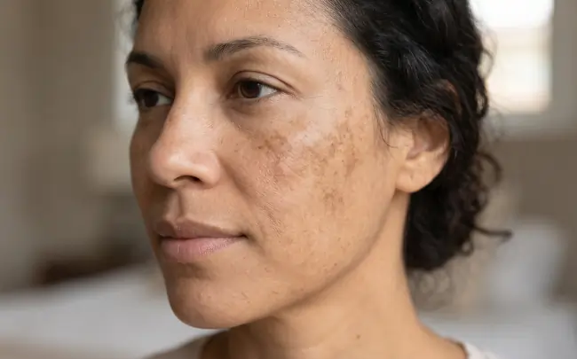 Woman with clear glowing skin showing hyperpigmentation treatment results on face.