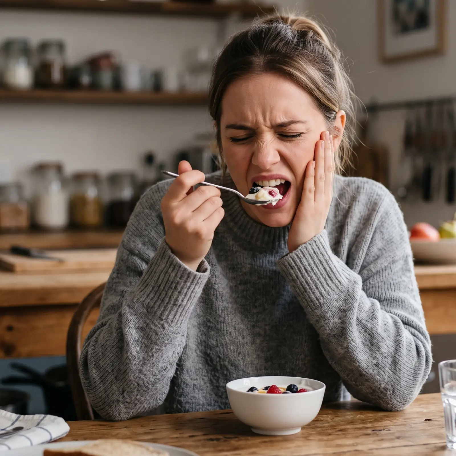 Woman feeling tooth sensitivity and tooth pain while eating cold yogurt at home.