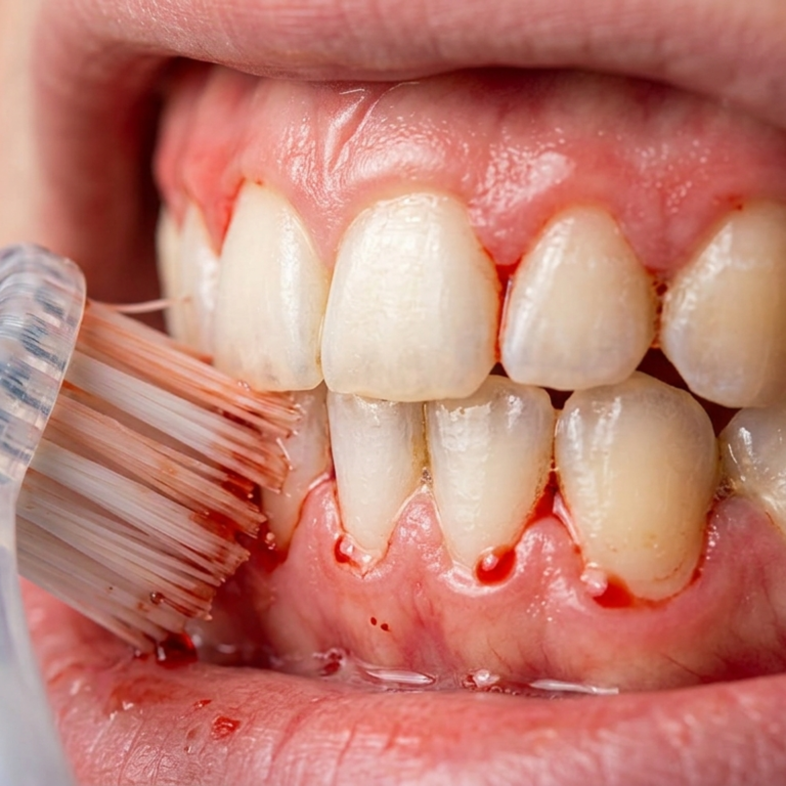 Extreme macro close-up of a toothbrush with blood-stained bristles touching bleeding gums along the lower tooth line.