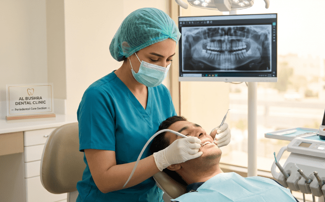 A female dentist in protective gear treating a patient in a periodontal care clinic to cure bleeding gums.