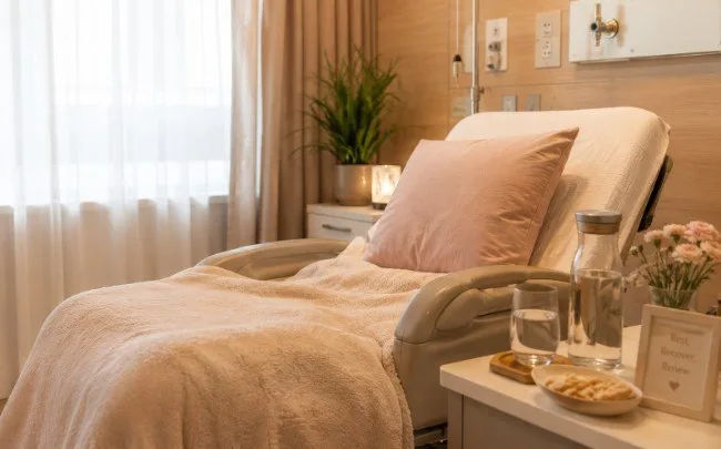 Peaceful fertility clinic recovery room with a reclining medical chair, soft blanket and pillow, glass of water, light snack, and gentle natural light filtering through sheer curtains.