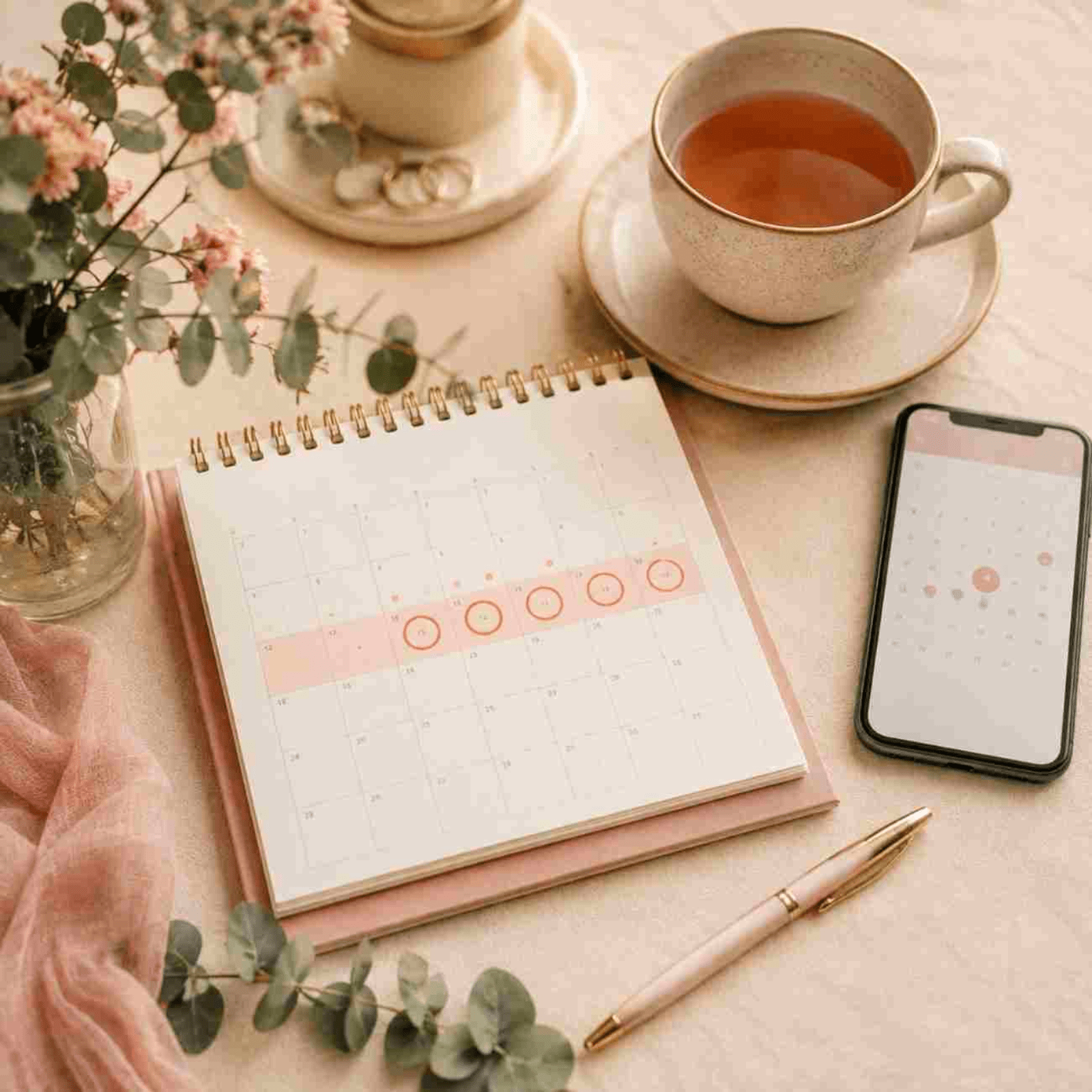 Overhead view of a desk calendar with circled dates, a smartphone displaying an ovulation calculator calendar view, a cup of tea, flowers, eucalyptus, and a pen arranged in a warm wellness setting.