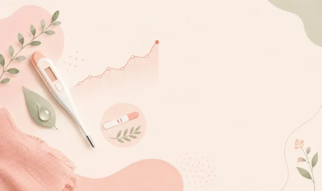 Pastel flat-lay illustration featuring a thermometer, leaf and droplet motifs, a gently rising temperature curve, and a small fertility testing icon.
