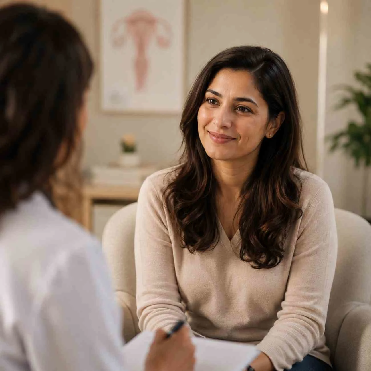 Woman in her late 30s speaking with a healthcare professional in a warmly lit fertility clinic consultation room.