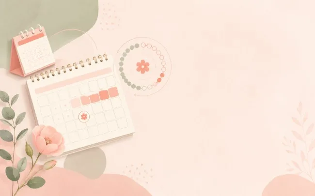 Pastel flat-lay illustration featuring a calendar with highlighted cycle days, a circular 28-day timeline, flowers, and soft botanical elements.
