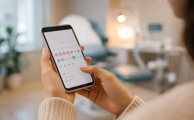 Close-up of hands holding a smartphone displaying a cycle-tracking calendar in a softly lit clinical setting.
