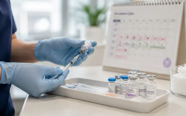 Close-up of gloved healthcare professional hands preparing a hormone injection with a syringe and medication vial on a clinical tray, with a treatment tracking calendar softly blurred in the background.