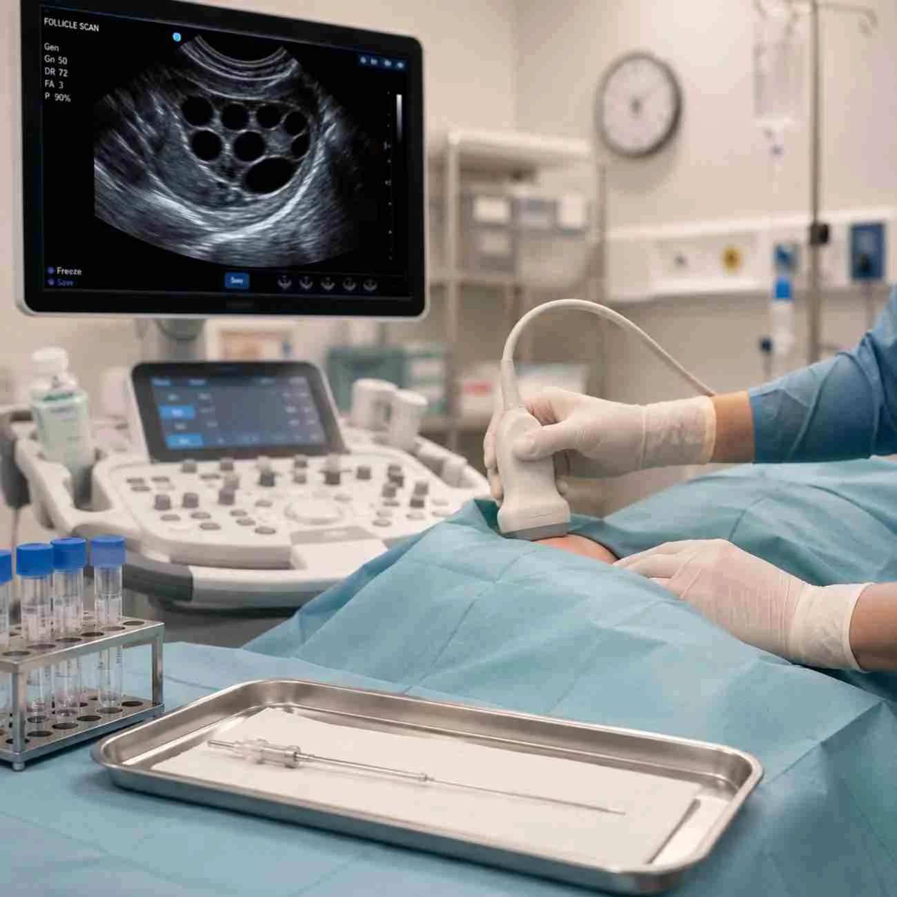 Modern fertility clinic procedure room showing an ultrasound screen with follicle scan imagery, gloved hands operating an ultrasound probe, and a sterile tray with medical instruments in the foreground.