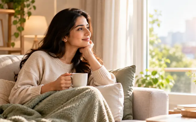 Woman reflecting peacefully at home while considering her embryo transfer journey