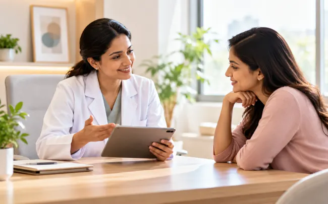 Female doctor explaining embryo transfer options to a patient during a fertility consultation