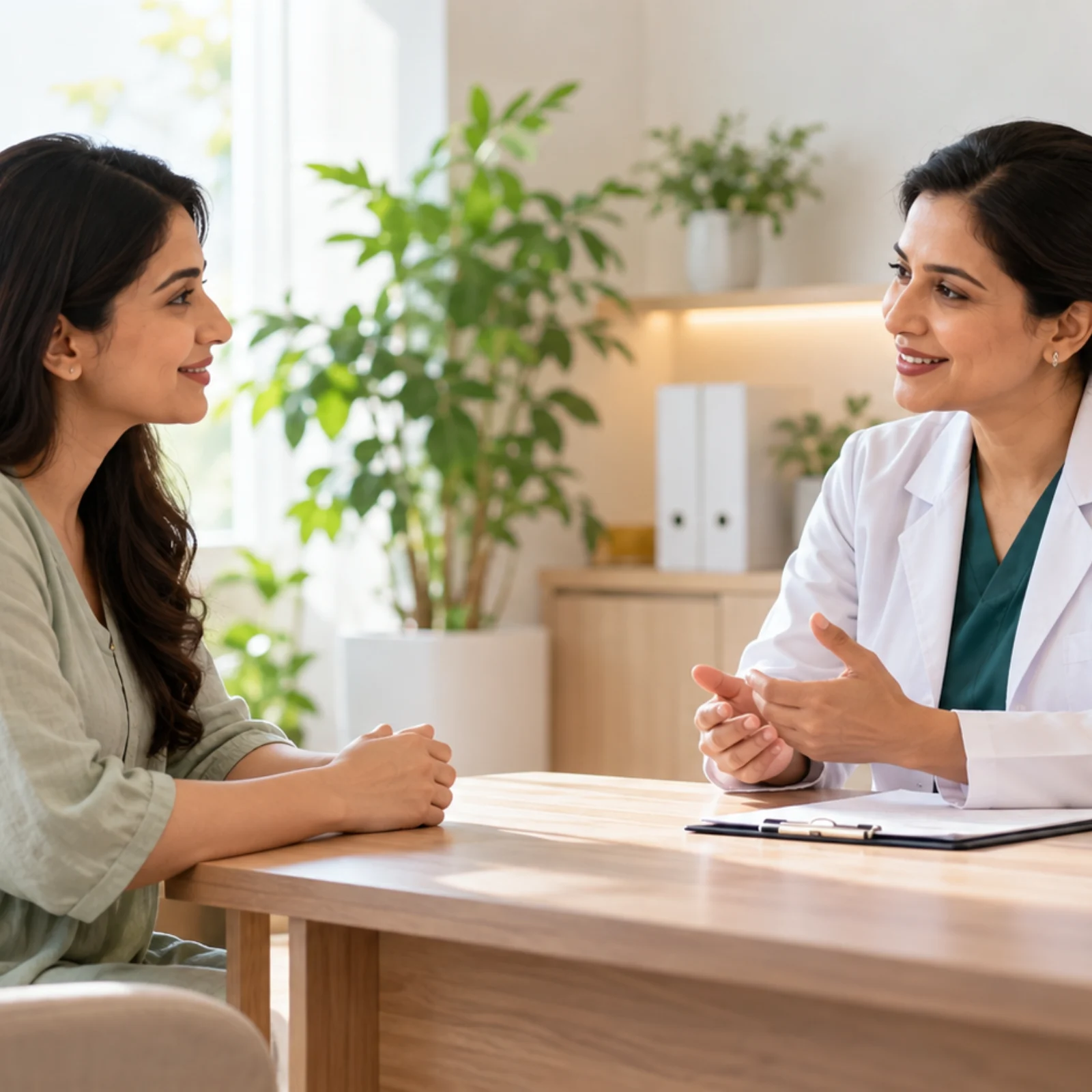 Woman discussing embryo transfer with a female fertility doctor in a modern clinic