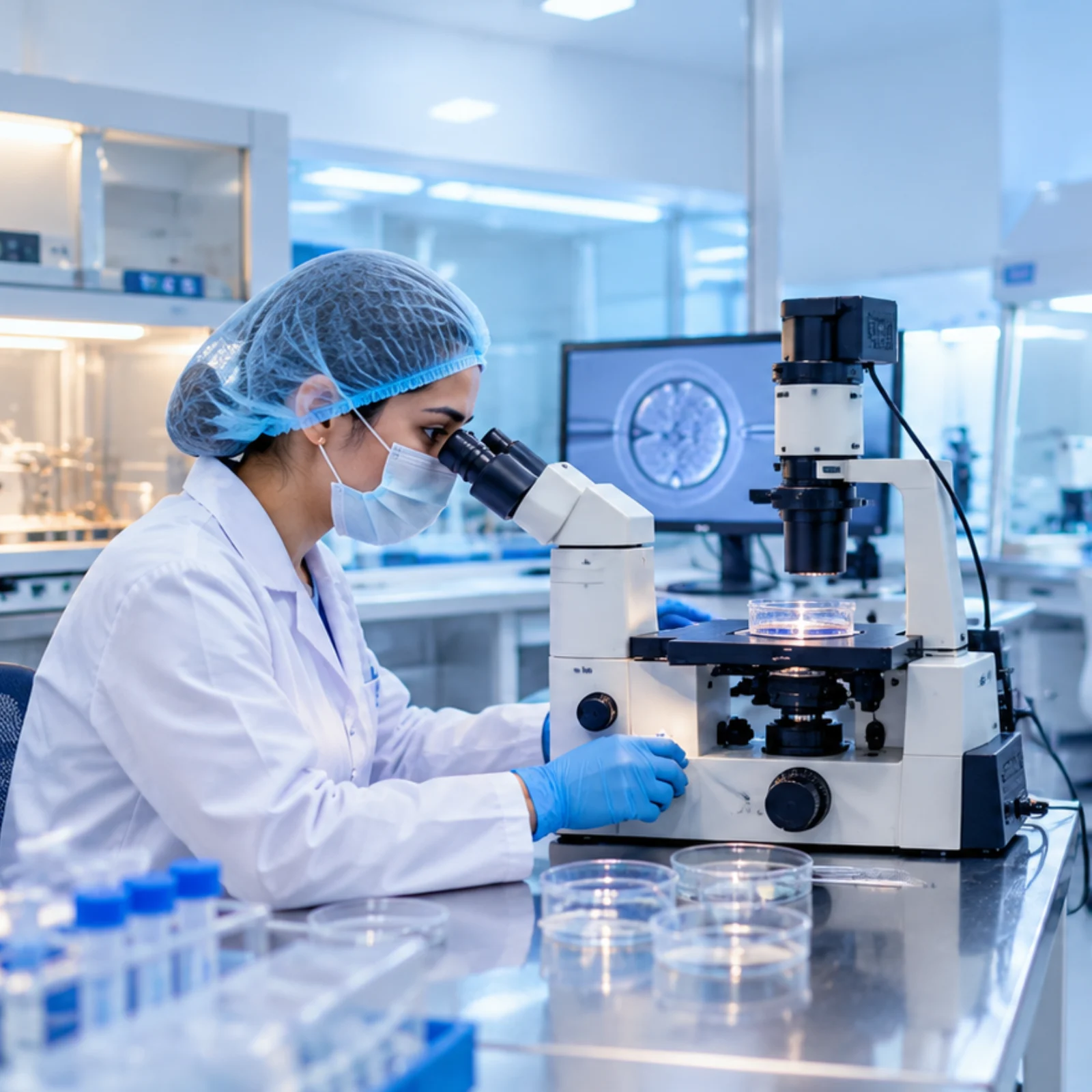 Embryologist in a fertility laboratory preparing for genetic testing in IVF