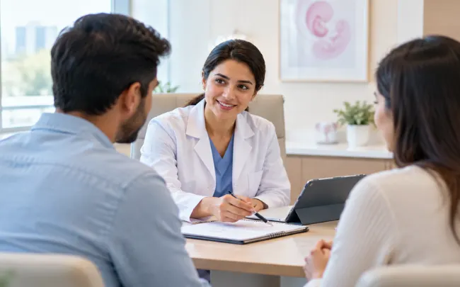 Couple discussing genetic testing options with a fertility specialist during a consultation
