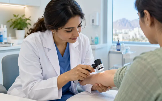 Dermatologist in Muscat examining a patient’s arm for a hard water skin rash