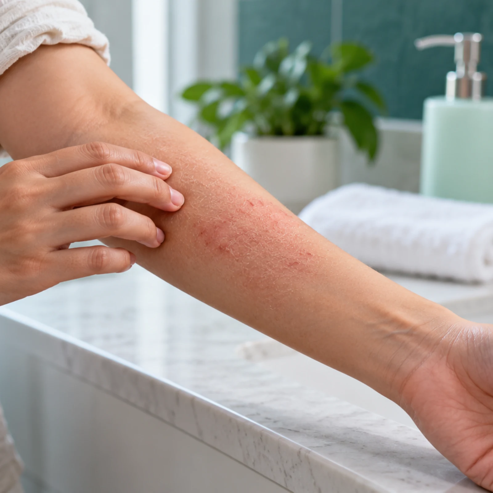 Dry red patch on forearm showing a hard water skin rash after showering